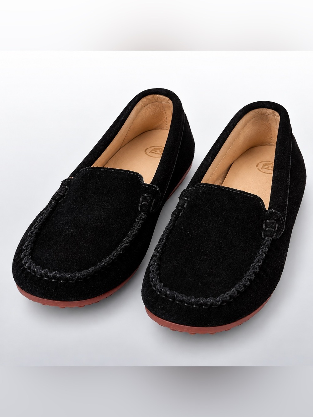 Boys Black Suede Leather Moccasin Slippers Rubber Sole Youth 13?